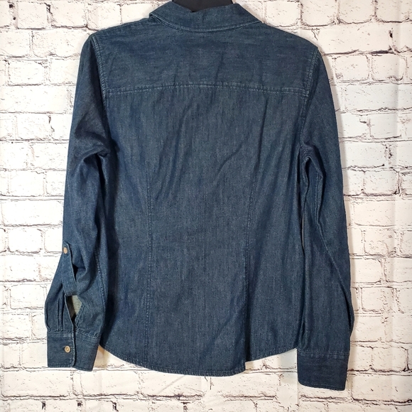 Talbots Dark Blue Denim Button Up Blouse with Roll Tab Sleeves Size 8 - Picture 5 of 8